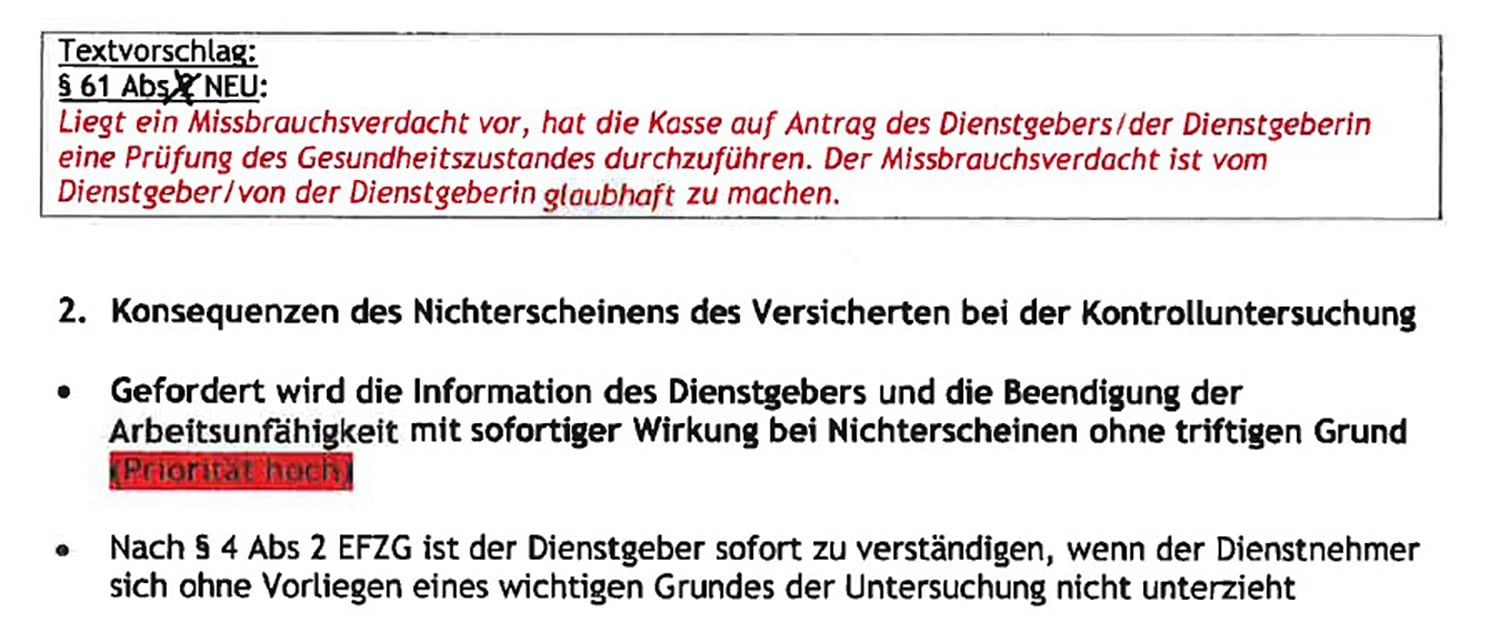 Screenshot von den Forderung zur Krankenordnung aus einem vertraulichen Dossier