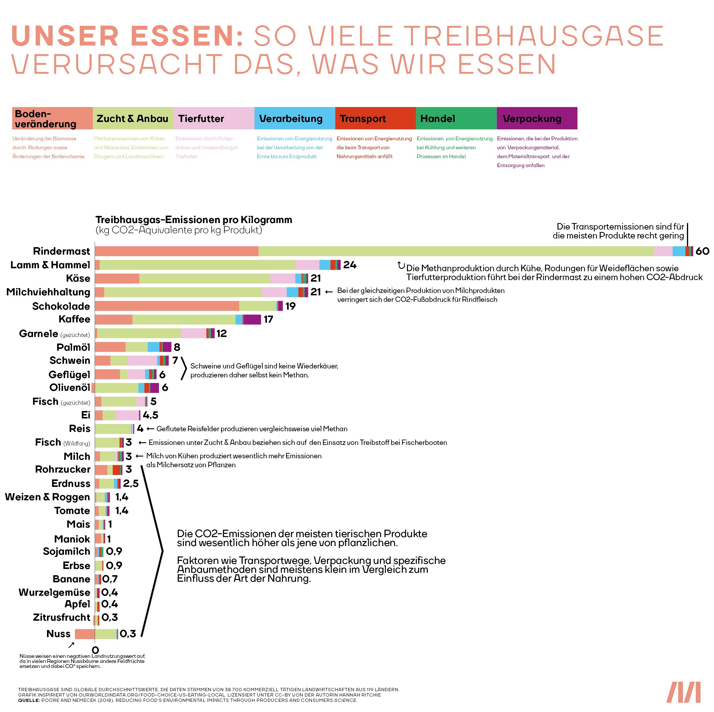 Essen und CO2: Wie viele Treibhausgase verursachen Nahrungsmittel? Rindfleisch und Tierprodukte verursacht am meisten, Nüsse und Gemüse am wenigsten.