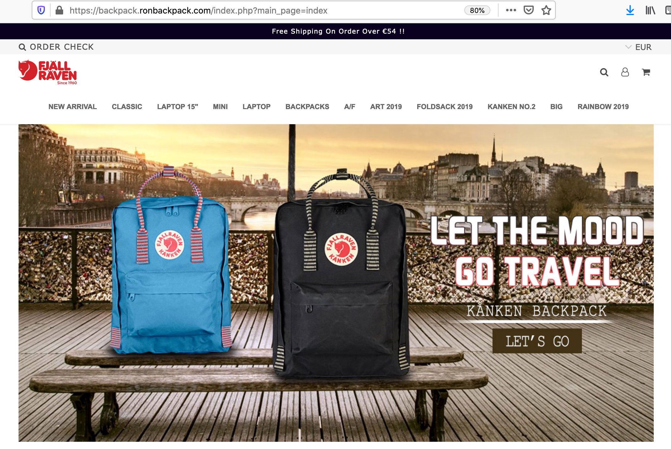 Screenshot einer Website die Fjällräven Hipster Rucksäcke anbietet.
