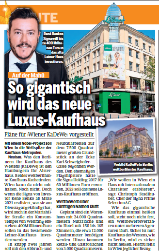 Zeitungsartikel: „So gigantisch wird das neue Luxus-Kaufhaus“