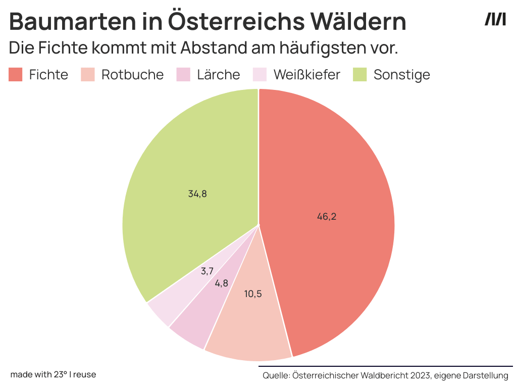 Eine Grafik zeigt, dass die Fichte mit Abstand der am häufigsten vorkommende Baum in Österreichs Wäldern ist.