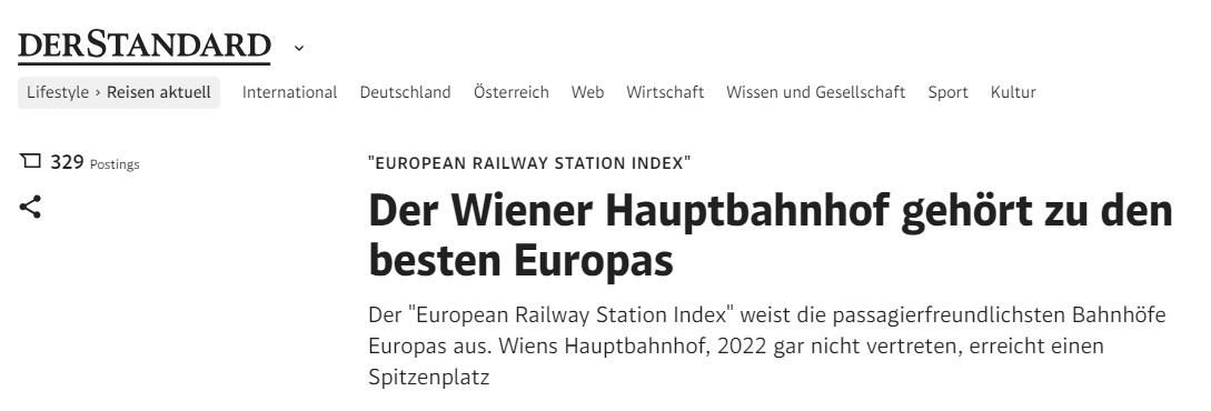 Zeitungsartikel: DerStandard: Der Wiener Hauptbahnhof gehört zu den besten Europas.