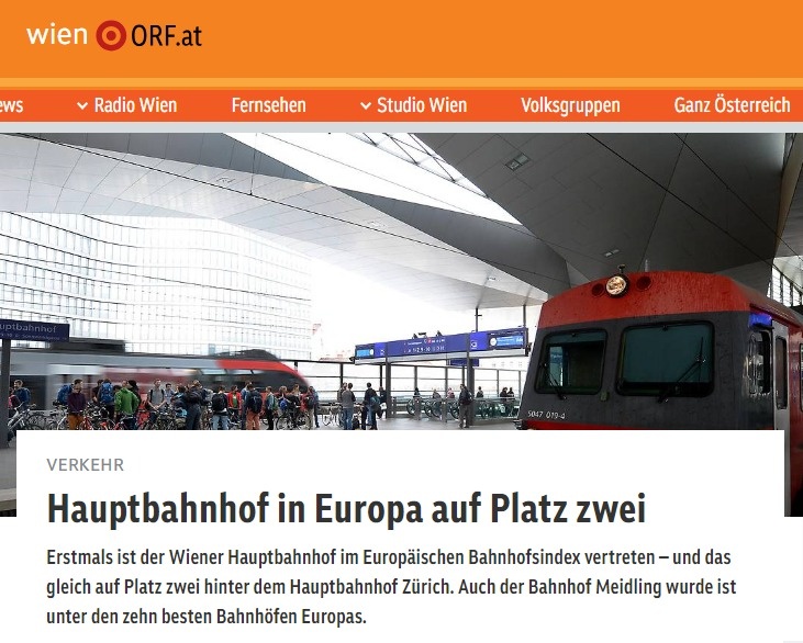 Online-Artikel von Orf.at: Hauptbahnhof in Europa auf Platz zwei.