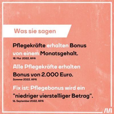 Slide mit Text: Was sie sagen: Pflegekräfte erhalten Bonus von einem Monatsgehalt. Alle Pflegekräfte erhalten Bonus von 2.000 Euro. Fix ist: Pflegebonus wird ein "niedriger vierstelliger Betrag".