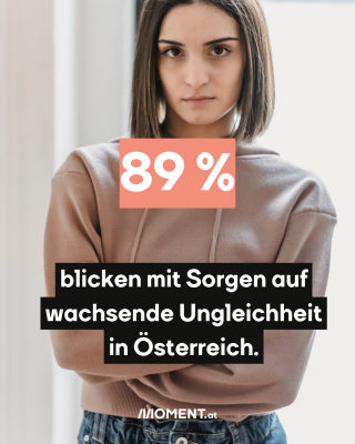 Frau mit verschränkten Armen, dazu der Text: 89 % blicken mit Sorgen auf wachsende Ungleichheit in Österreich.