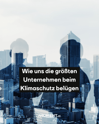 Personen Fenster. Text:  Wie uns die größten   Unternehmen beim   Klimaschutz belügen