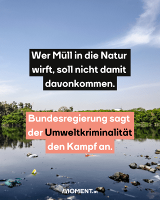 Ein See, in dem Müll schwimmt ist zu sehen. Dahinter sind Bäume und blauer Himmel zu sehen.