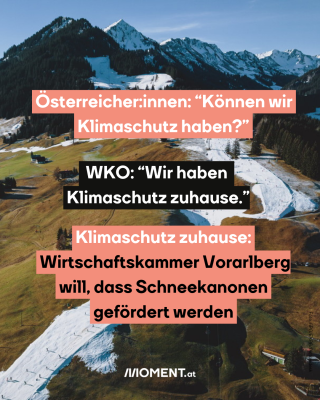 Grüne Pisten mit einem weißen Schneestreifen. Text: Österreicher:innen: “Können wir Klimaschutz haben?”    WKO: “Wir haben Klimaschutz zuhause”.    Klimaschutz zuhause: “Wirtschaftskammer Vorarlberg fordert, dass Beschneiungsanlagen gefördert werden”. 