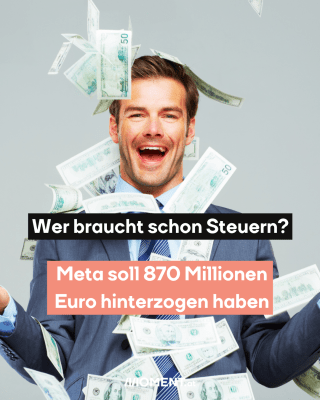 Mann mit Gelscheinen. Text:  Wer braucht schon Steuern?  Meta soll 870 Millionen   Euro hinterzogen haben 