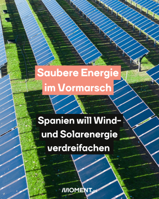 Solarpanele. Text: Saubere Energie   im Vormarsch Spanien will Wind-   und Solarenergie   verdreifachen 