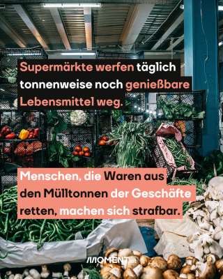 Lebensmittel in Supermarkt, dazu der Text: Supermärkte werfen täglich tonnenweise noch genießbare Lebensmittel weg. Menschen, die Waren aus  den Mülltonnen der Geschäfte retten, machen sich strafbar.