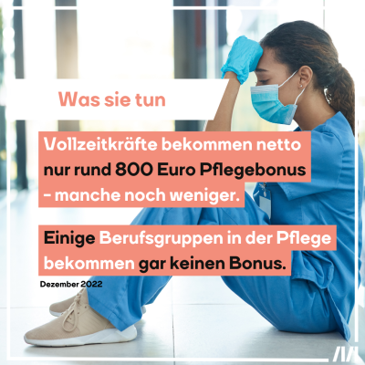 Pflegemitarbeiterin sitzend am Boden, dazu der Text: Was sie tun:  Vollzeitkräfte bekommen netto nur rund 800 Euro Pflegebonus - manche noch weniger. Einige Berufsgruppen in der Pflege bekommen gar keinen Bonus.