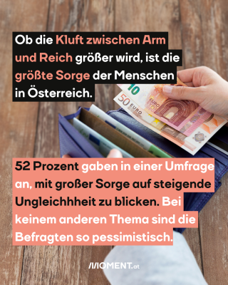 Hände mit Geldbörse und Euroscheinen, dazu der Text: Ob die Kluft zwischen Arm und Reich größer wird, ist die größte Sorge der Menschen in Österreich. 52 Prozent gaben in einer Umfrage an, mit großer Sorge auf steigende Ungleichhheit zu blicken. Bei keinem anderen Thema sind die Befragten so pessimistisch.