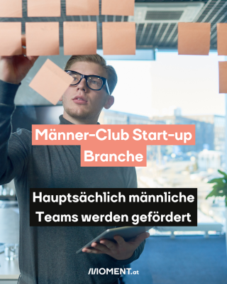 Typ vor Whiteboard. Text:  Männer-Club Start-up   Branche. Hauptsächlich männliche   Teams werden gefördert  