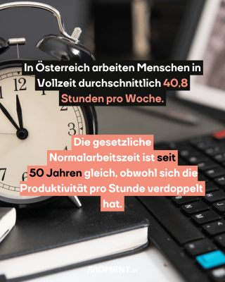 Uhr und Laptop. Text: In Österreich arbeiten Menschen in Vollzeit durchschnittlich 40,8 Stunden pro Woche. 