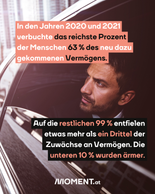 Mann schaut aus Luxuslimousine, dazu der Text: In den Jahren 2020 und 2021 verbuchte das reichste Prozent der Menschen 63 % des neu dazu gekommenen Vermögens. Auf die restlichen 99 % entfielen etwas mehr als ein Drittel der Zuwächse an Vermögen. Die unteren 10 % wurden ärmer.