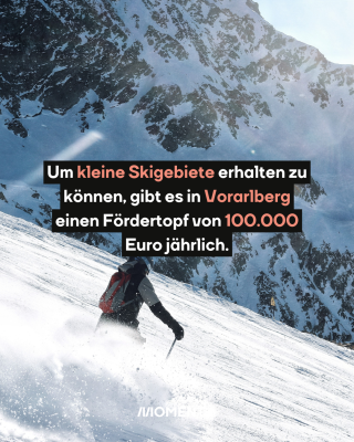 Skifahrer fährt die weiße Piste runter. Text: Um kleine Skigebiete erhalten zu können, gibt es in Vorarlberg einen Fördertopf von 100.000 Euro jährlich. 