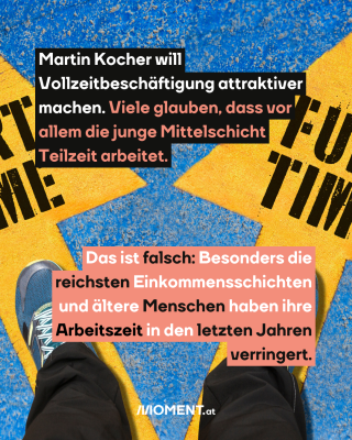 Mensch steht vor einer Kreuzung. Text:  Martin Kocher will   Vollzeitbeschäftigung attraktiver   machen. Viele glauben, dass vor   allem die junge Mittelschicht   Teilzeit arbeitet.  Das ist falsch: Besonders die   reichsten Einkommensschichten   und ältere Menschen haben ihre   Arbeitszeit in den letzten Jahren   verringert. 