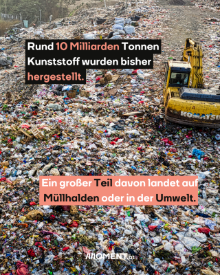 Plastikmüll auf einem Feld. Text:  Rund 10 Milliarden Tonnen   Kunststoff wurden bisher   hergestellt. Ein großer Teil davon landet auf   Müllhalden oder in der Umwelt. 