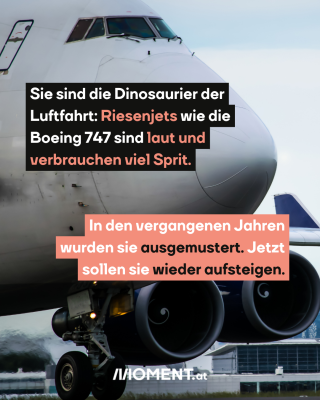 Boeing 747, dazu der Text: Sie sind die Dinosaurier der Luftfahrt: Riesenjets wie die Boeing 747 sind laut und verbrauchen viel Sprit. In den vergangenen Jahren wurden sie ausgemustert. Jetzt sollen sie wieder aufsteigen.