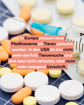 Bunte Pillen. Text:  In Europa müssen neue   Medikamente an Tieren getestet   werden.  In den USA ist das nicht  mehr der Fall. Tierversuche sind dort zwar nicht verboten, aber nicht   mehr zwingend Vorschrift. 