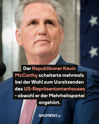 Kevin McCarthy. Text: Der Republikaner Kevin McCarthy scheiterte mehrmals bei der Wahl zum Vorsitzenden des US-Repräsentantenhauses - obwohl er der Mehrheitspartei angehört