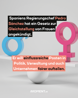 Geschlechtersymboliken. Text:  Spaniens Regierungschef Pedro  Sánchez hat ein Gesetz zur  Gleichstellung von Frauen  angekündigt.  Er will einflussreiche Posten in  Politik, Verwaltung und auch  Unternehmen fairer aufteilen.