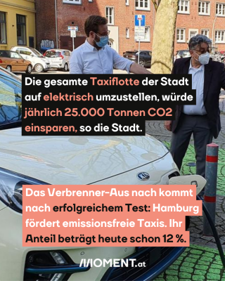 Zwei Personen bei E-Taxi an Ladestation, dazu der Text: Die gesamte Taxiflotte der Stadt auf elektrisch umzustellen, würde jährlich 25.000 Tonnen CO2 einsparen, so die Stadt. Das Verbrenner-Aus nach kommt nach erfolgreichem Test: Hamburg fördert emissionsfreie Taxis. Ihr Anteil beträgt heute schon 12 %.