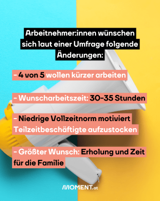 blau gelber Hintergrund mit Megaphon. Text: Arbeitnehmer:innen wünschen sich laut einer Umfrage folgende Änderungen: