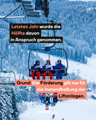 Menschen auf einem Skilift. Text: Letztes Jahr wurde die Hälfte davon in Anspruch genommen. Grund: Die Förderung gilt nur für die Instandhaltung der Liftanlagen. 