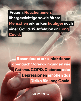 Zigarette. Text:   Frauen, Raucher:innen,   übergewichtige sowie ältere   Menschen erkranken häufiger nach   einer Covid-19-Infektion an Long   Covid.  Besonders starke Infektionen   aber auch Vorerkrankungen wie   Asthma, COPD, Diabetes oder   Depressionen erhöhen das   Risiko für Long Covid.