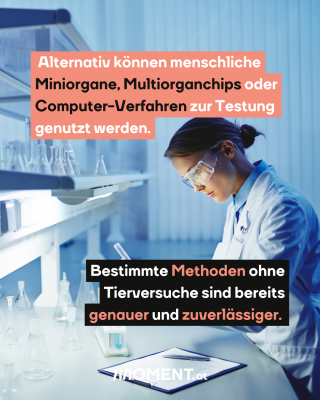 Testversuch im Labor. Text:  Alternativ können menschliche   Miniorgane, Multiorganchips oder   Computer-Verfahren zur Testung   genutzt werden.  Bestimmte Methoden ohne   Tierversuche sind bereits   genauer und zuverlässiger.