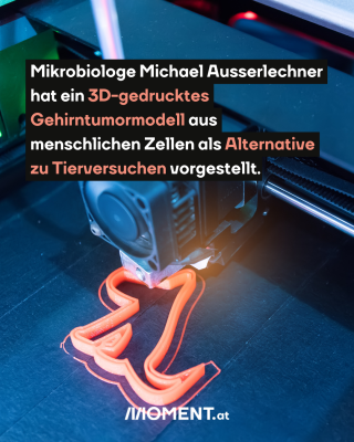 Ein 3D-Drucker druckt einen kleinen orangefarbenen Dino.