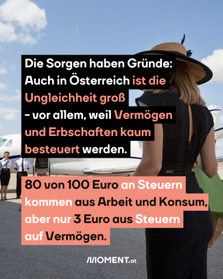 Frau vor Privatjet, dazu der Text: Die Sorgen haben Gründe: Auch in Österreich ist die Ungleichheit groß - vor allem, weil Vermögen und Erbschaften kaum besteuert werden. 80 von 100 Euro an Steuern kommen aus Arbeit und Konsum, aber nur 3 Euro aus Steuern auf Vermögen.