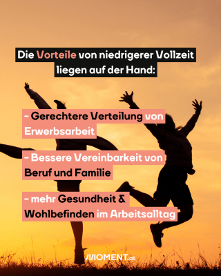 gelber Hintergrund mit glücklichen Menschen. Text: Die Vorteile von niedrigerer Vollzeit liegen auf der Hand: