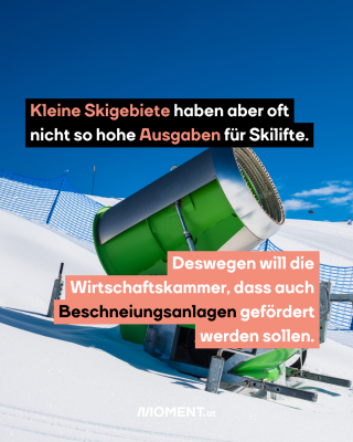 Schneekanonen. Text: Kleine Skigebiete haben aber oft nicht so hohe Ausgaben für Skilifte. Deswegen will die Wirtschaftskammer, dass auch Beschneiungsanlagen gefördert werden sollen. 