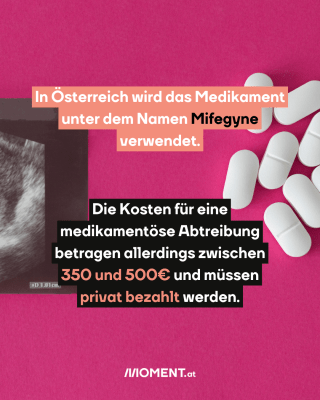 Man sieht ein Ultraschallfoto und Tabletten