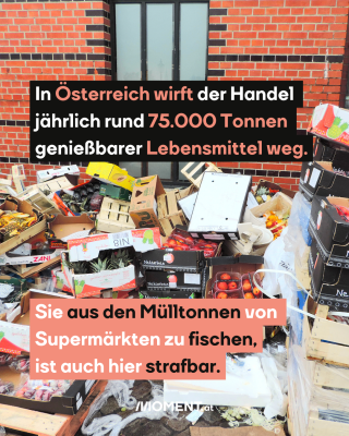 Berg mit weggeworfenen Lebensmitteln, dazu der Text: In Österreich wirft der Handel jährlich rund 75.000 Tonnen genießbarer Lebensmittel weg. Sie aus den Mülltonnen von Supermärkten zu fischen, ist auch hier strafbar.
