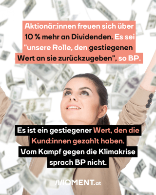 Frau in Geldscheinregen, dazu der Text: Aktionär:innen freuen sich über 10 % mehr an Dividenden. Es sei "unsere Rolle, den gestiegenen Wert an sie zurückzugeben", so BP. Es ist ein gestiegener Wert, den die Kund:innen gezahlt haben. Vom Kampf gegen die Klimakrise sprach BP nicht.