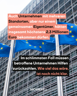 EU Gebäude. TExt: Auch Unternehmen mit mehreren Standorten, aber nur einem gemeinsamen Eigentümer, hätten insgesamt höchstens 2,3 Millionen Euro bekommen dürfen. Im schlimmsten Fall müssen betroffene Unternehmen Hilfen zurückzahlen. Wie viel das wäre, ist noch nicht klar.