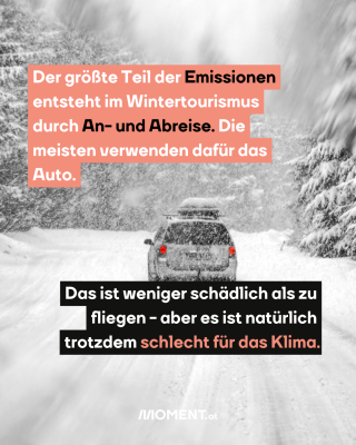 Ein Auto fährt auf einer Schneebedeckten Straße. Auf dem Dach ist ein Behälter für zusätzliches Gepäck. An der Straßenseite stehen Bäume, die sich unter dem Gewicht des Schnees beugen.