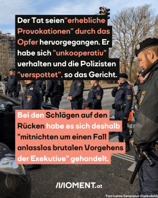 Polizist:innen bei Demonstration, dazu der Text: Der Tat seien"erhebliche Provokationen" durch das Opfer hervorgegangen. Er habe sich "unkooperativ" verhalten und die Polizisten "verspottet", so das Gericht. Bei den Schlägen auf den Rücken habe es sich deshalb "mitnichten um einen Fall anlasslos brutalen Vorgehens der Exekutive" gehandelt.