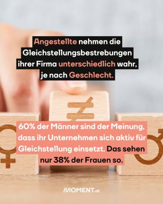 Angestellte nehmen die Gleichstellungsbestrebungen ihrer Firma unterschiedlich wahr, je nach Geschlecht.  60% der Männer sind der Meinung, dass ihr Unternehmen sich aktiv für Gleichstellung einsetzt. Das sehen nur 38% der Frauen so.