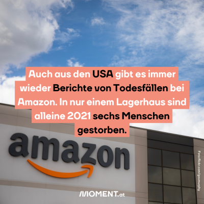 Ein Gebäude, auf dem ein Amazon-Logo angebracht ist. “Auch aus den USA gibt es immer wieder Berichte von Todesfällen bei Amazon. In nur einem Lagerhaus sind alleine 2021 sechs Menschen gestorben.”