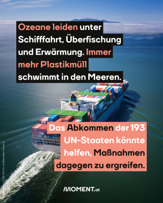 Containerschiff auf dem Meer, dazu der Text: Ozeane leiden unter Schifffahrt, Überfischung und Erwärmung. Immer mehr Plastikmüll schwimmt in den Meeren. Das Abkommen der 193 UN-Staaten könnte helfen, Maßnahmen dagegen zu ergreifen.
