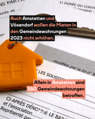 Schlüssel mit Haus und Rechnung. Text: Auch Amstetten und   Vösendorf wollen die Mieten in   den Gemeindewohnungen   2023 nicht erhöhen.  Allein in Amstetten sind   350 Gemeindewohnungen   betroffen. 