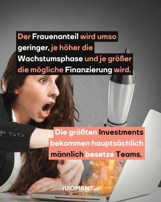 Frau sitzt vor Computer. Rakete kommt aus dem laptop. Text: Der Frauenanteil wird umso   geringer, je höher die   Wachstumsphase und je größer   die mögliche Finanzierung wird.  Die größten Investments   bekommen hauptsächlich   männlich besetze Teams. 