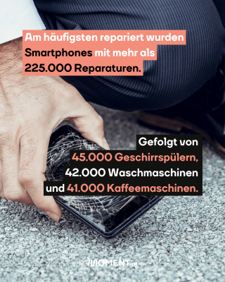 Handy kaputt am Boden. Text:  Am häufigsten repariert wurden   Smartphones mit mehr als   225.000 Reparaturen.  Gefolgt von    45.000 Geschirrspülern,    42.000 Waschmaschinen    und 41.000 Kaffeemaschinen. 