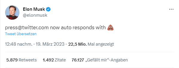 Elon Musk weist Twitter-Presseteam an, auf Medienanfragen automatisch mit einem Scheiss-Emoji zu antworten