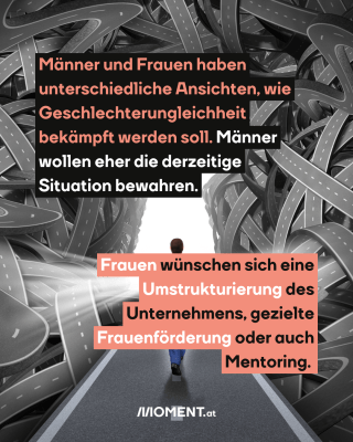 Männer und Frauen haben unterschiedliche Ansichten, wie Geschlechterungleichheit bekämpft werden soll. Männer wollen eher die derzeitige Situation bewahren.  Frauen wünschen sich eine Umstrukturierung des Unternehmens, gezielte Frauenförderung oder auch Mentoring.   